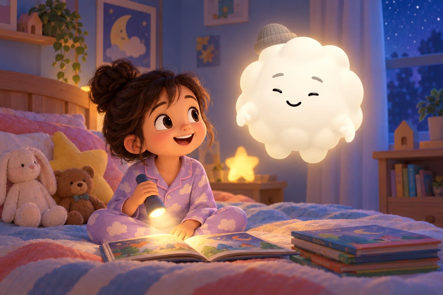 Cleo the Cloud, Sleepytale's friendly cloud companion, floating beside a child in pajamas who is holding a flashlight and checking a cozy bedroom shelf before bed.