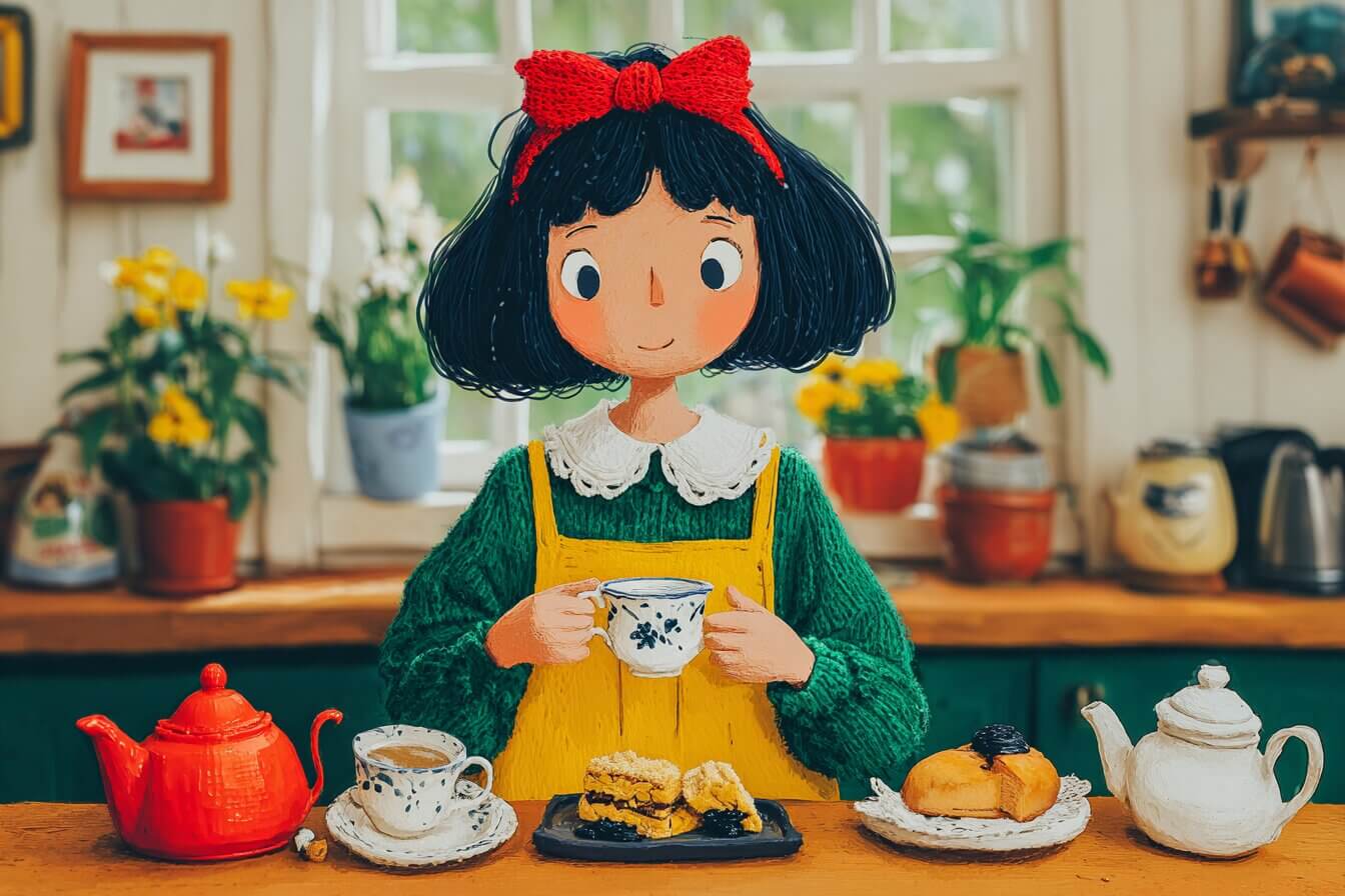 Porcelain doll hosting a moonlit tea party with toy friends on a nursery table
