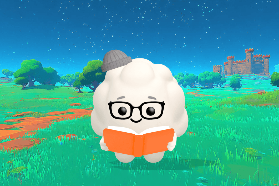 Cleo the Cloud, Sleepytale's friendly cloud companion, smiling beside a small wooden shelf holding a shape sorter and stacking rings in a calm, softly lit nursery.