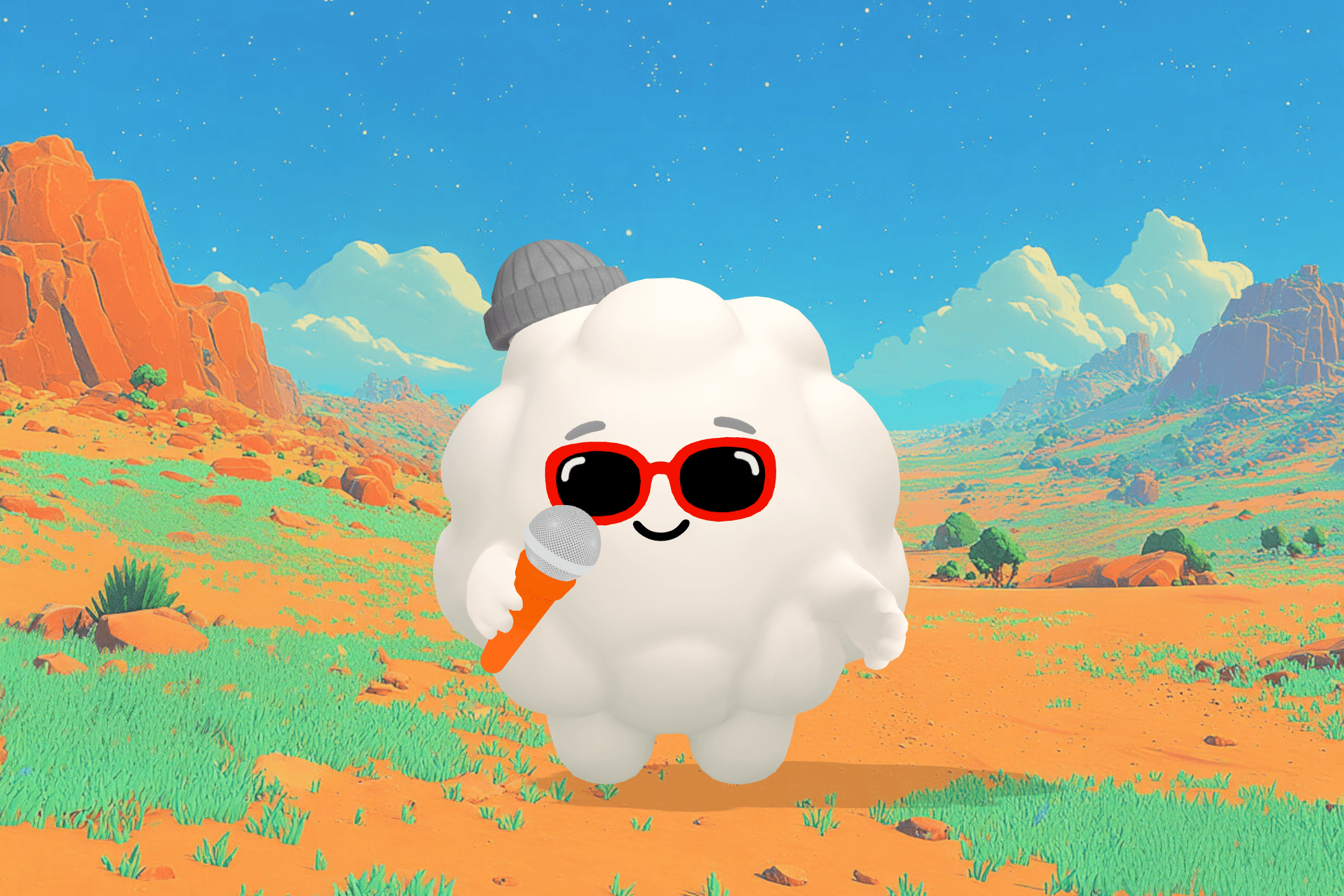 Cleo the Cloud, Sleepytale's friendly cloud companion, smiling beside a child reading at a tidy desk with a small lamp in a quiet, cozy room.