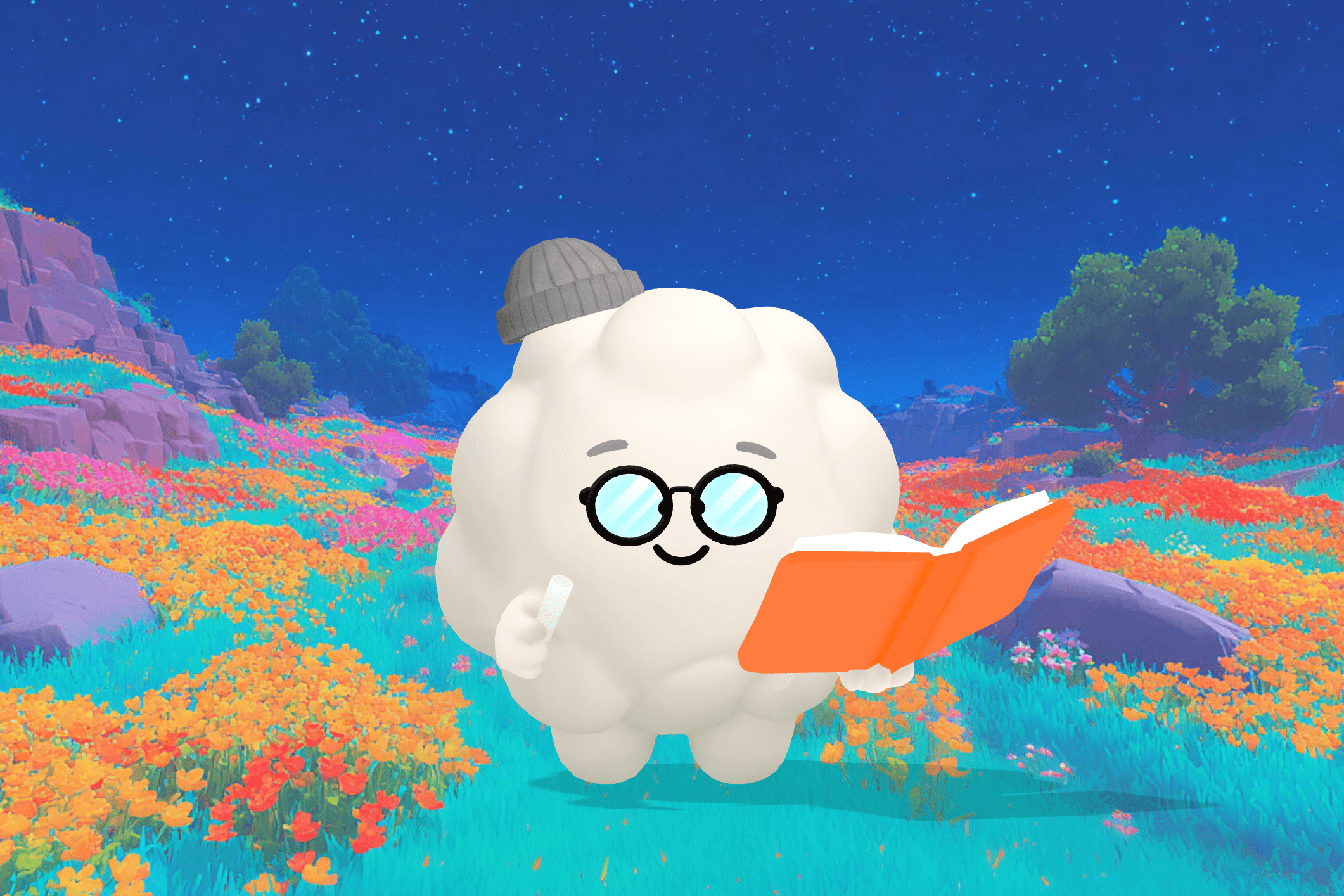 Cleo the Cloud, Sleepytale's friendly cloud companion, smiling beside a child pointing at colorful word cards like cat, hat, and bat on a table.