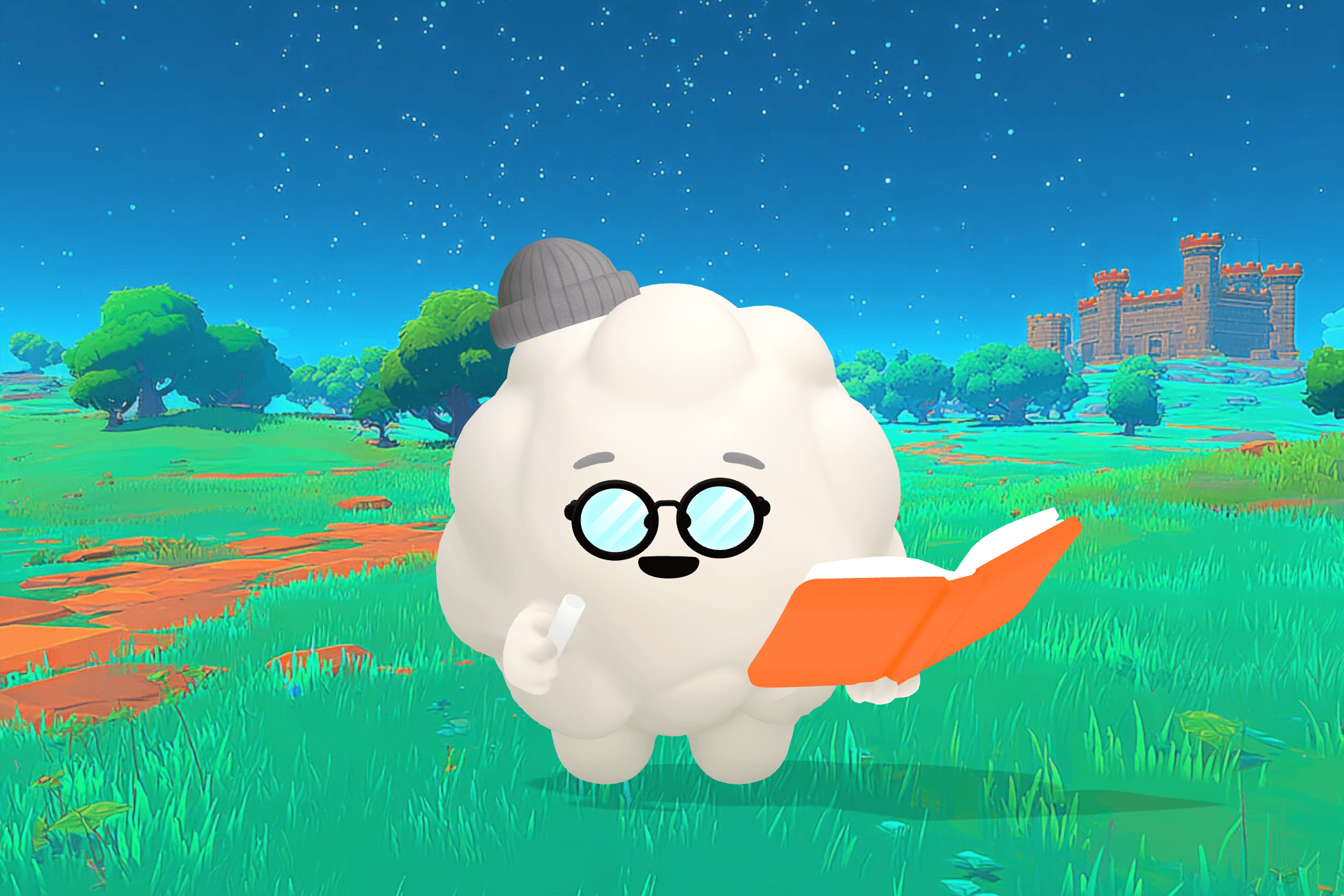 Cleo the Cloud, Sleepytale's friendly cloud companion, smiling beside a few simple wooden toys like stacking rings and blocks in a calm, softly lit nursery.