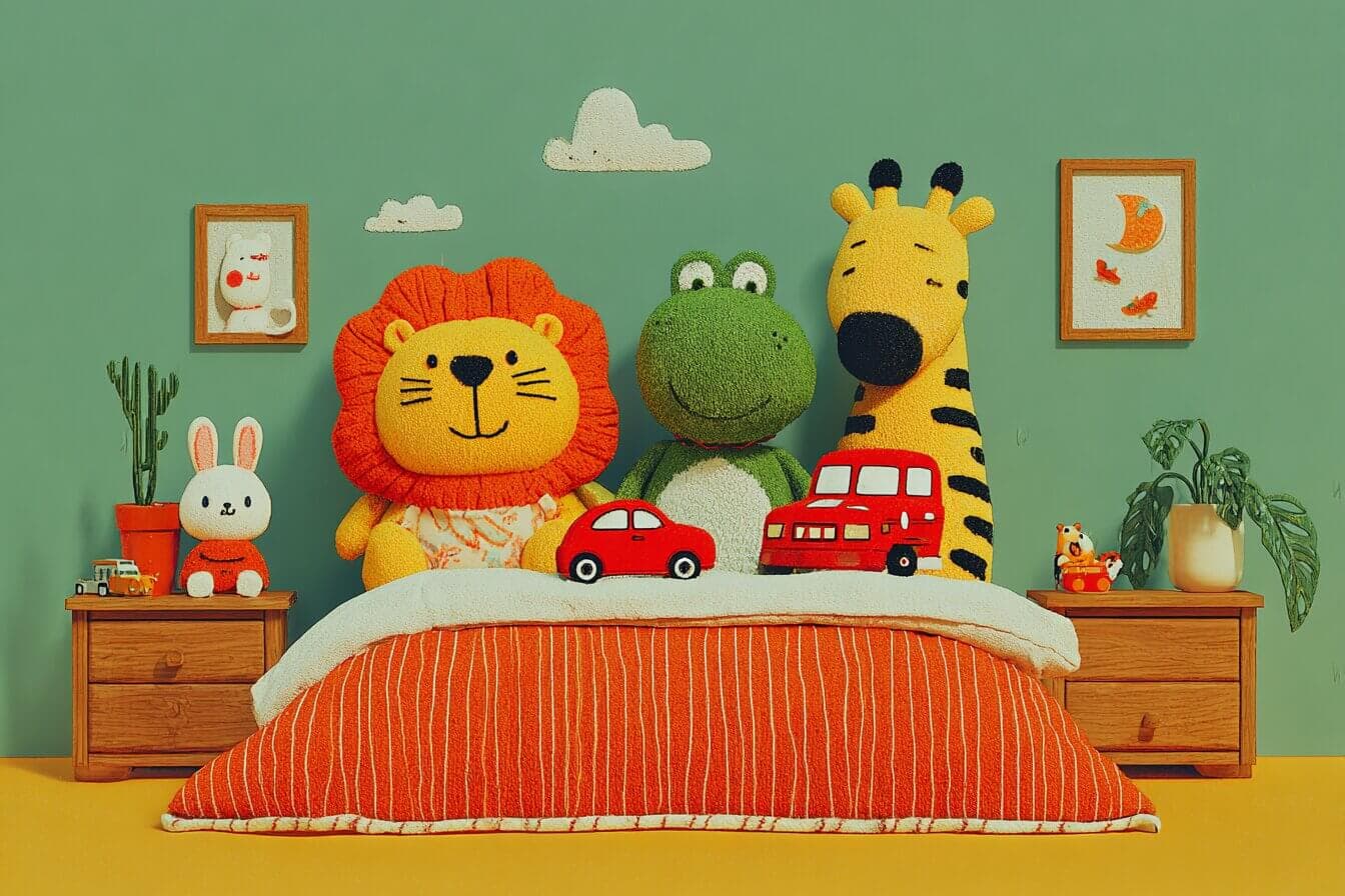 An action figure with a tiny headlamp helps a plush bunny and other toys find their way back to the toy box in a softly lit bedroom.