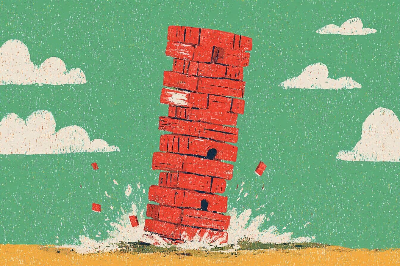 A child stacks colorful blocks into a tall tower while a small guinea pig watches nearby in a cozy classroom.