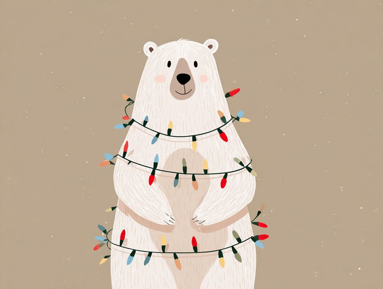 Polar bear and snowy owl looking up at twinkling Christmas lights in the snowy Arctic night